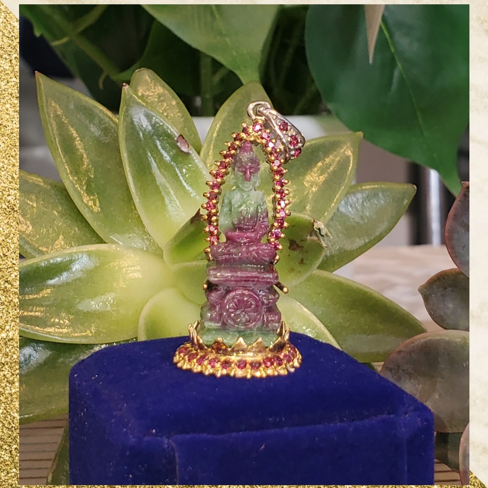 Genuine Garnet & Ruby Zoisite Hand Carved Buddha Pendant